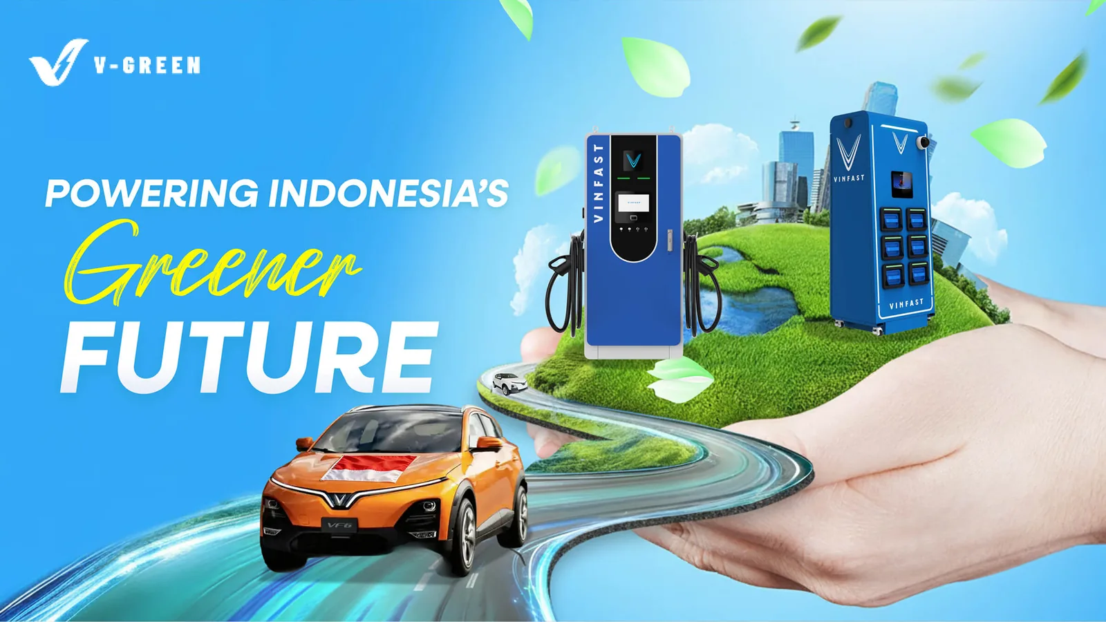 Stasiun pengisian V-Green dengan mobil listrik VinFast — jaringan charging gratis untuk pemilik VinFast di seluruh Indonesia sampai Maret 2029